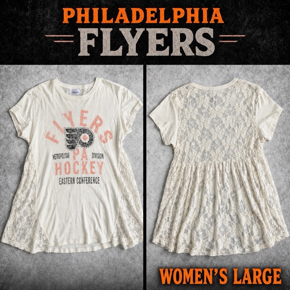 Philadelphia Flyers NHL Lace Back T- Shirt Women Size L Vintage Look Linen Blend